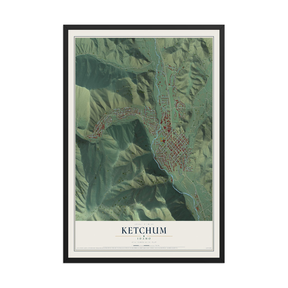 Map of Ketchum, Idaho, 12 x 18 inch print in a black wood frame