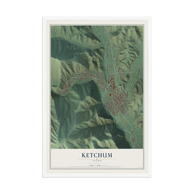 Map of Ketchum, Idaho, 12 x 18 inch print in a white wood frame