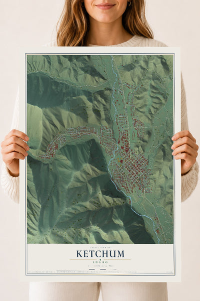 Map of Ketchum, Idaho, 18 x 24 inch unframed archival matte print