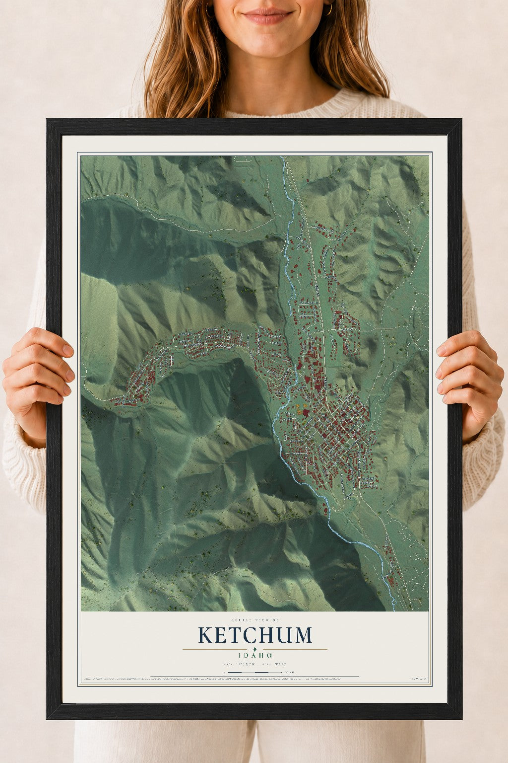 Map of Ketchum, Idaho, 18 x 24 inch print in a black wood frame