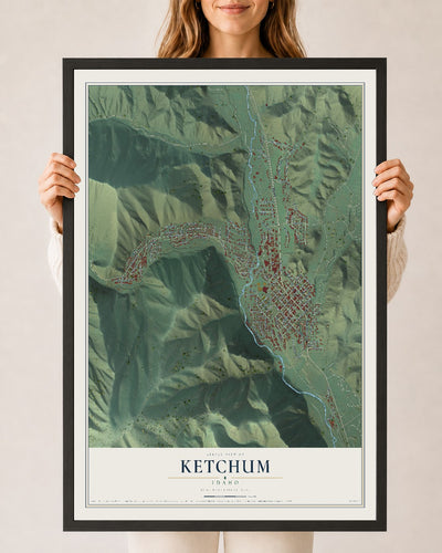 Map of Ketchum, Idaho, 24 x 36 inch print in a black wood frame