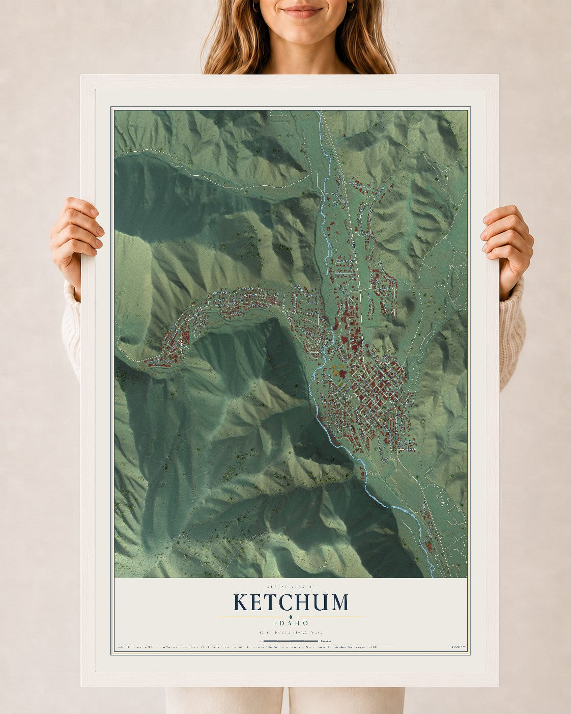 Map of Ketchum, Idaho, 24 x 36 inch print in a white wood frame