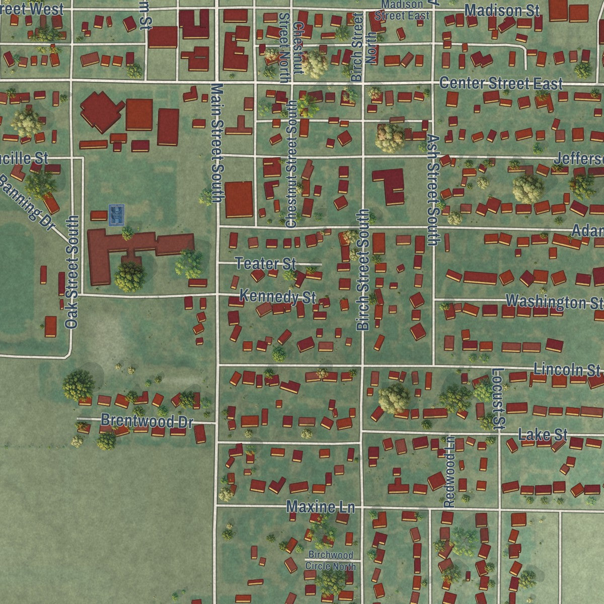 Close-up of the map of Kimberly, Idaho print showing street and building detail