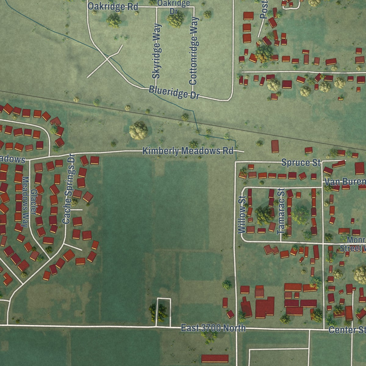 Second close-up of the map of Kimberly, Idaho print showing more streets and buildings