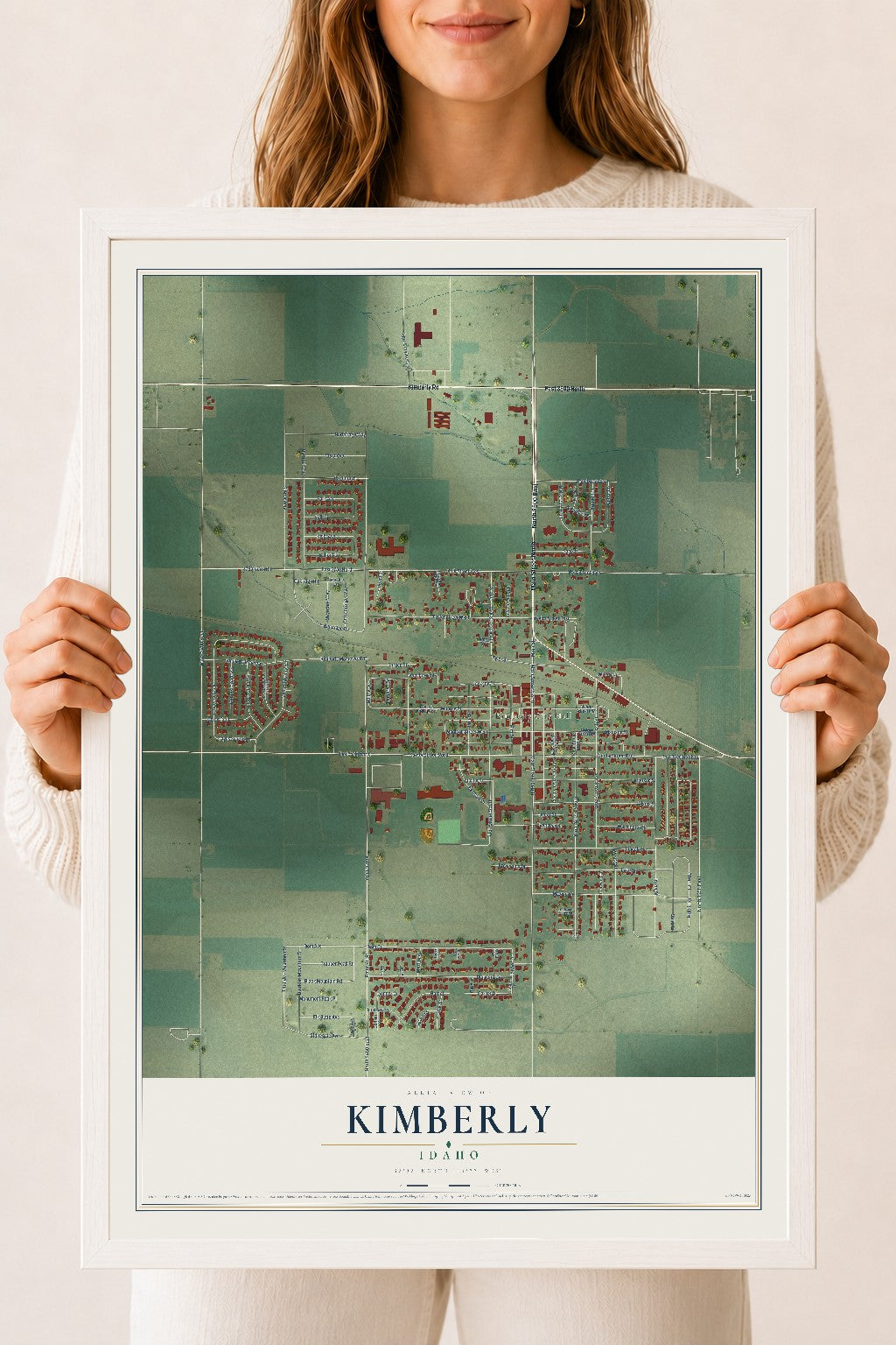 Map of Kimberly, Idaho, 18 x 24 inch print in a white wood frame