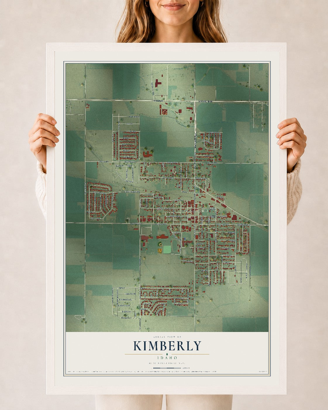 Map of Kimberly, Idaho, 24 x 36 inch print in a white wood frame