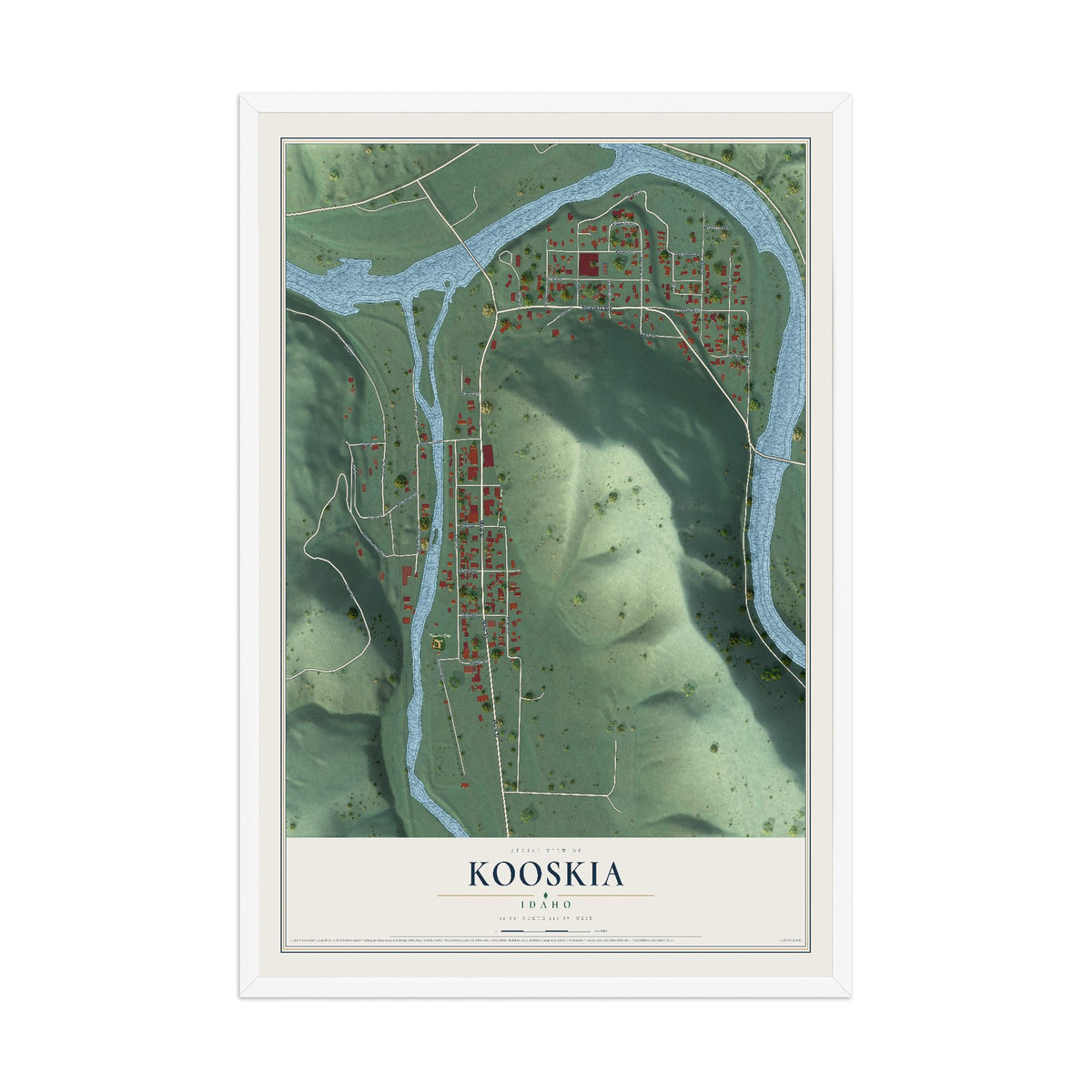 Map of Kooskia, Idaho, 12 x 18 inch print in a white wood frame