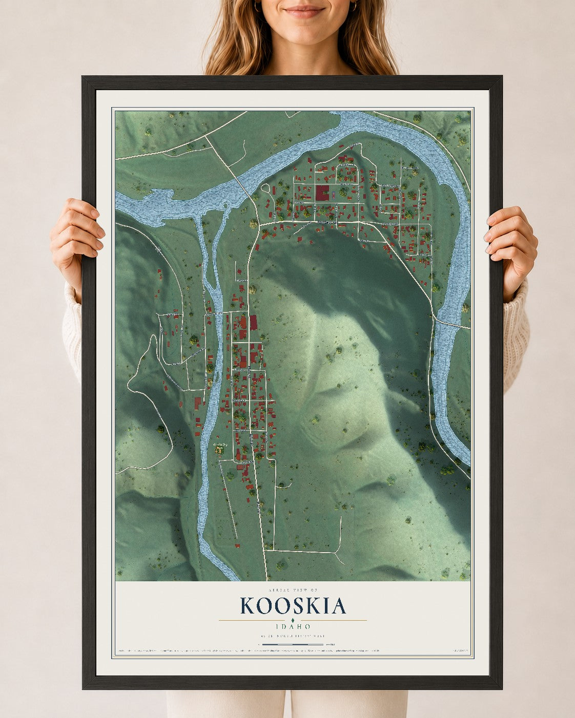 Map of Kooskia, Idaho, 24 x 36 inch print in a black wood frame