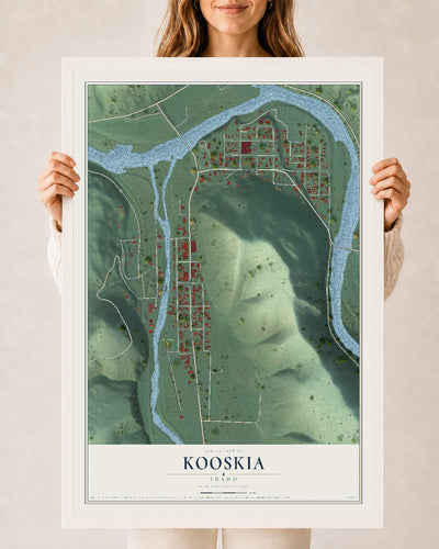 Map of Kooskia, Idaho, 24 x 36 inch print in a white wood frame
