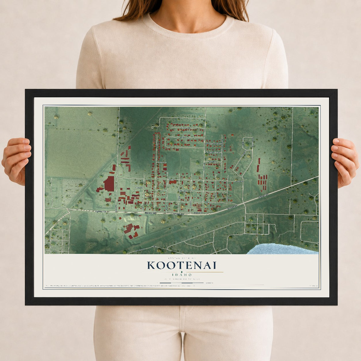 Map of Kootenai, Idaho, 12 x 18 inch print in a black wood frame