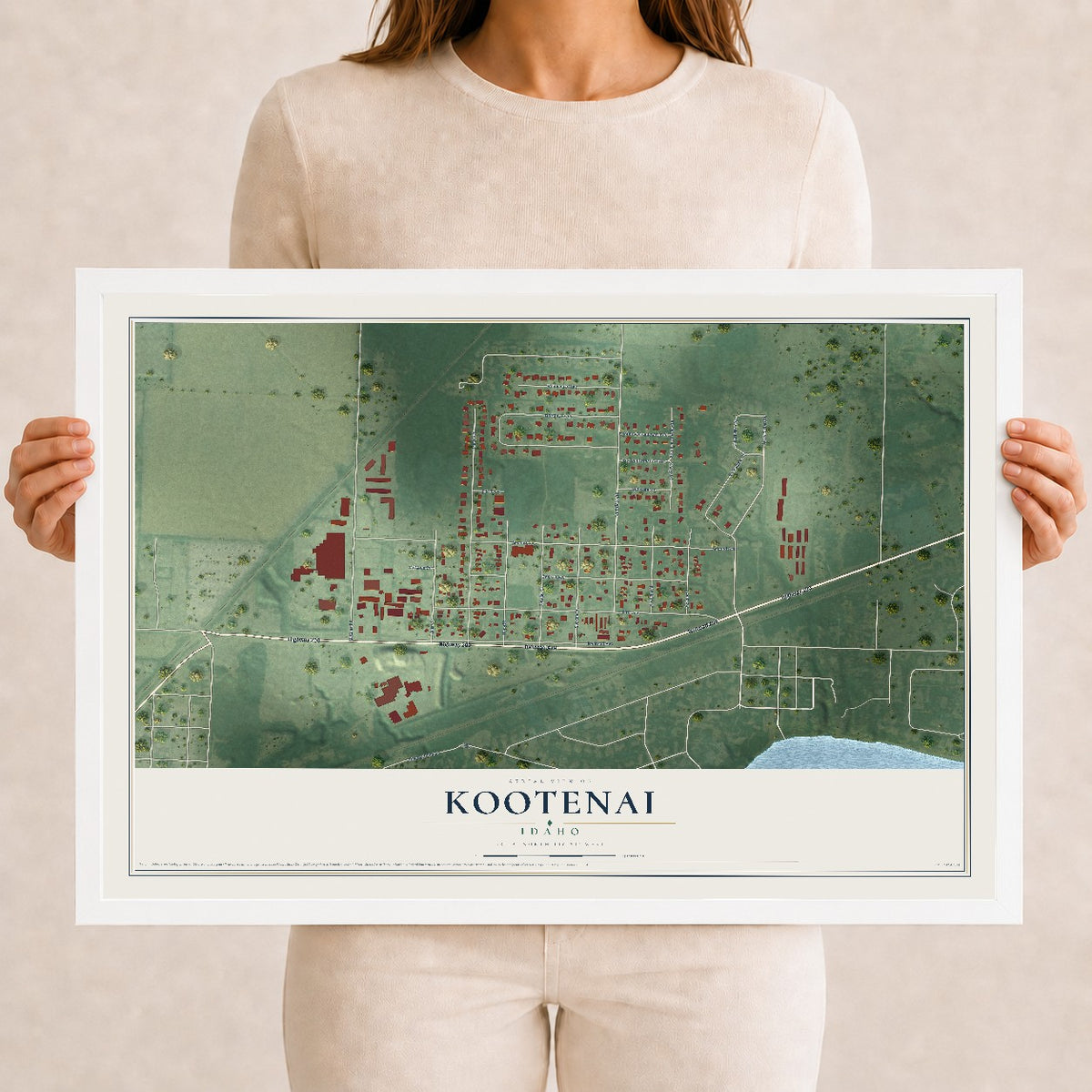 Map of Kootenai, Idaho, 12 x 18 inch print in a white wood frame
