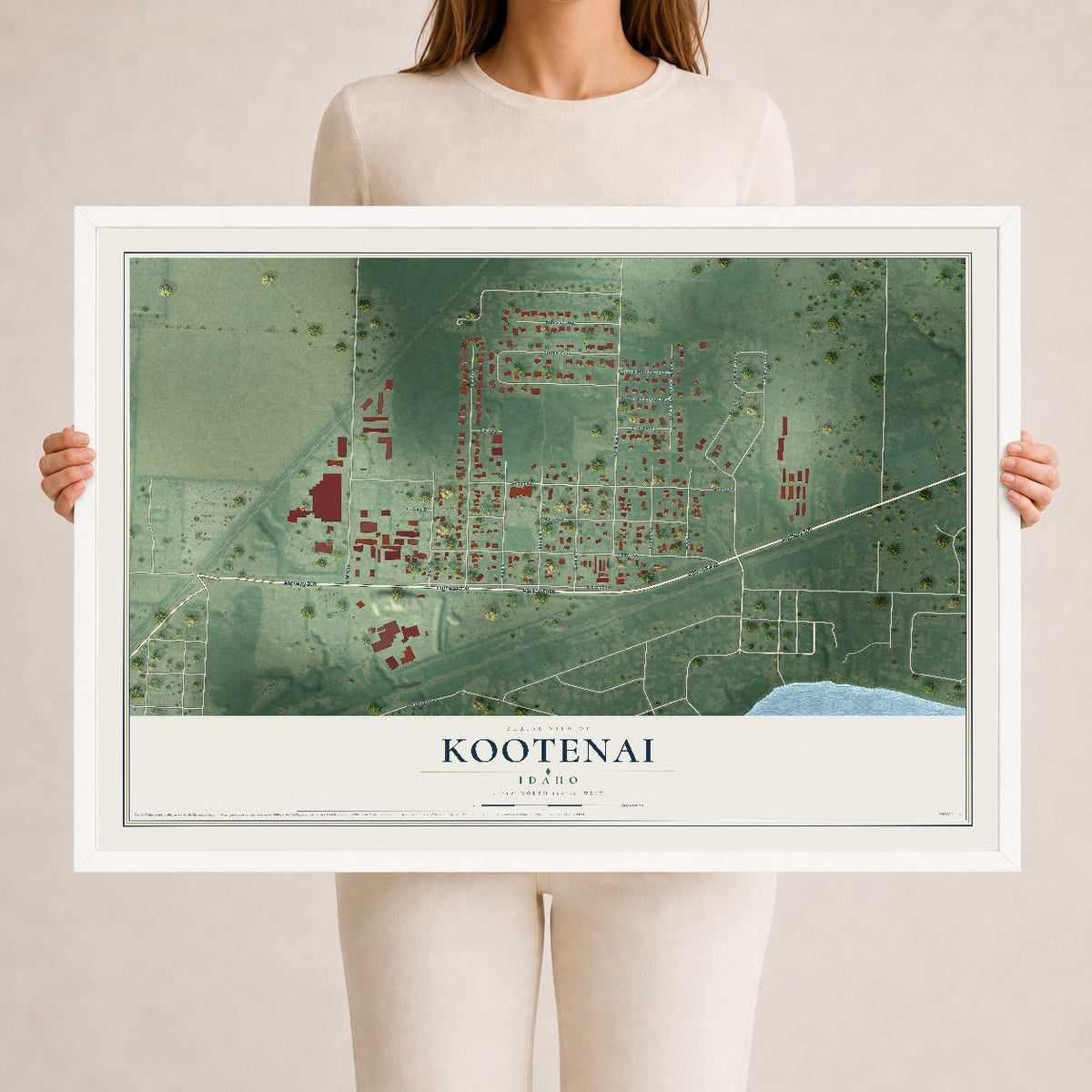 Map of Kootenai, Idaho, 24 x 36 inch print in a white wood frame