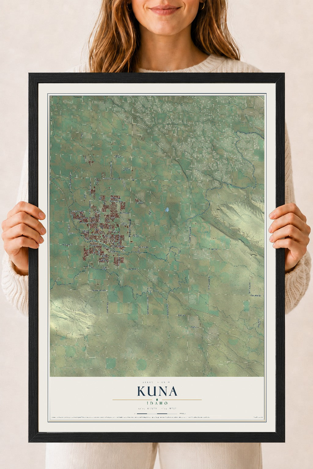 Map of Kuna, Idaho, 18 x 24 inch print in a black wood frame