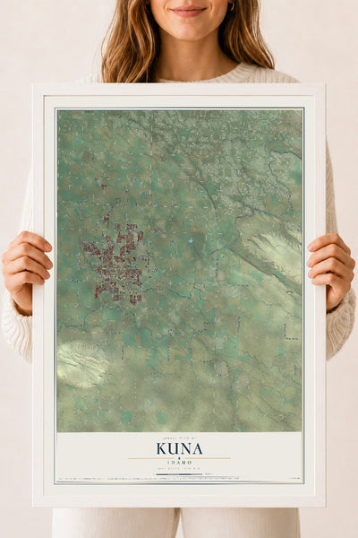 Map of Kuna, Idaho, 18 x 24 inch print in a white wood frame
