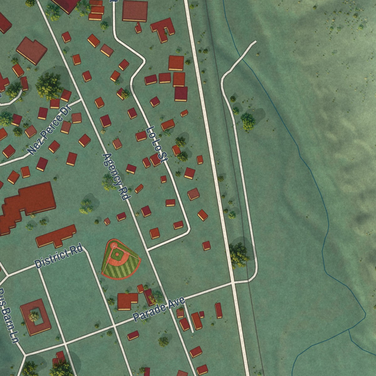 Second close-up of the map of Lapwai, Idaho print showing more streets and buildings