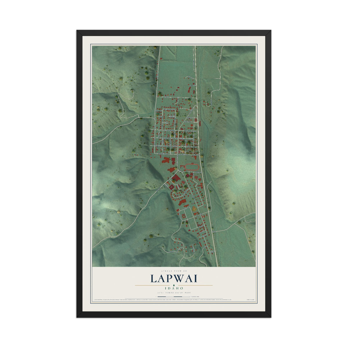 Map of Lapwai, Idaho, 12 x 18 inch print in a black wood frame