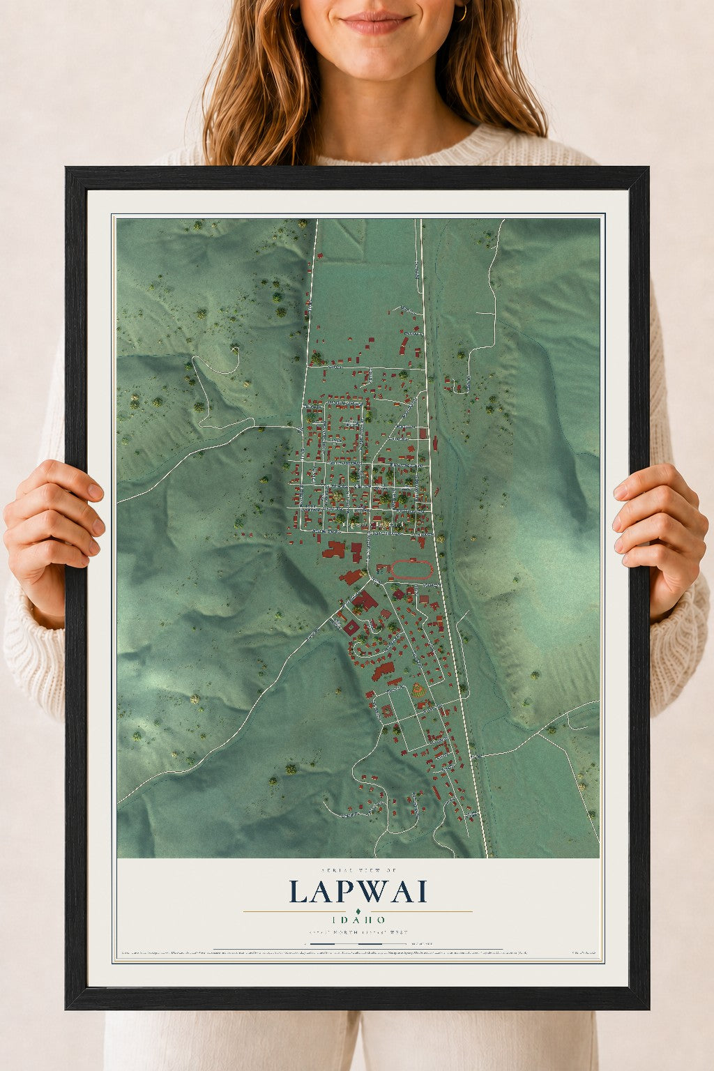Map of Lapwai, Idaho, 18 x 24 inch print in a black wood frame