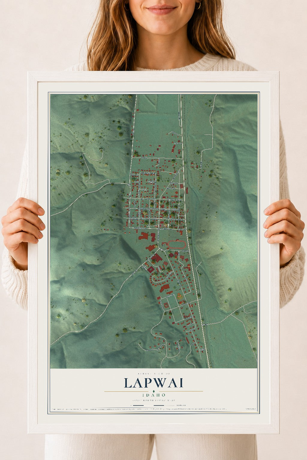 Map of Lapwai, Idaho, 18 x 24 inch print in a white wood frame