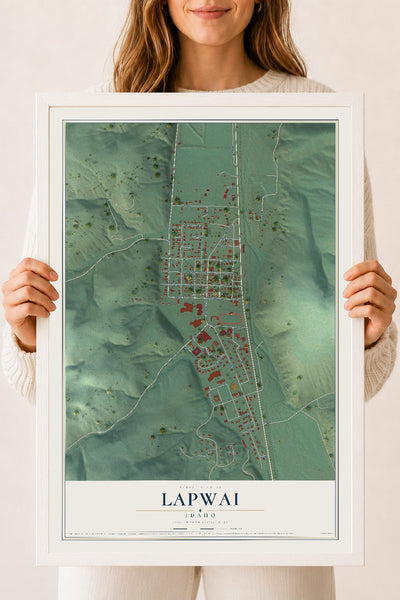 Map of Lapwai, Idaho, 18 x 24 inch print in a white wood frame