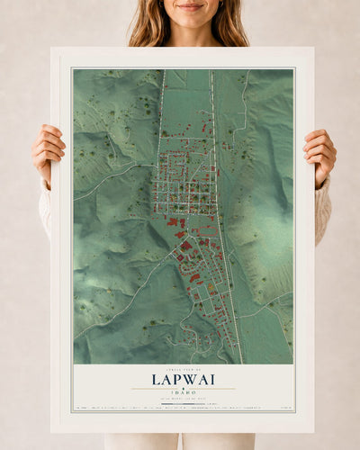 Map of Lapwai, Idaho, 24 x 36 inch print in a white wood frame