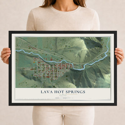 Map of Lava Hot Springs, Idaho, 12 x 18 inch print in a black wood frame