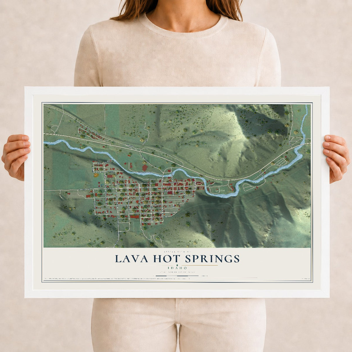 Map of Lava Hot Springs, Idaho, 12 x 18 inch print in a white wood frame