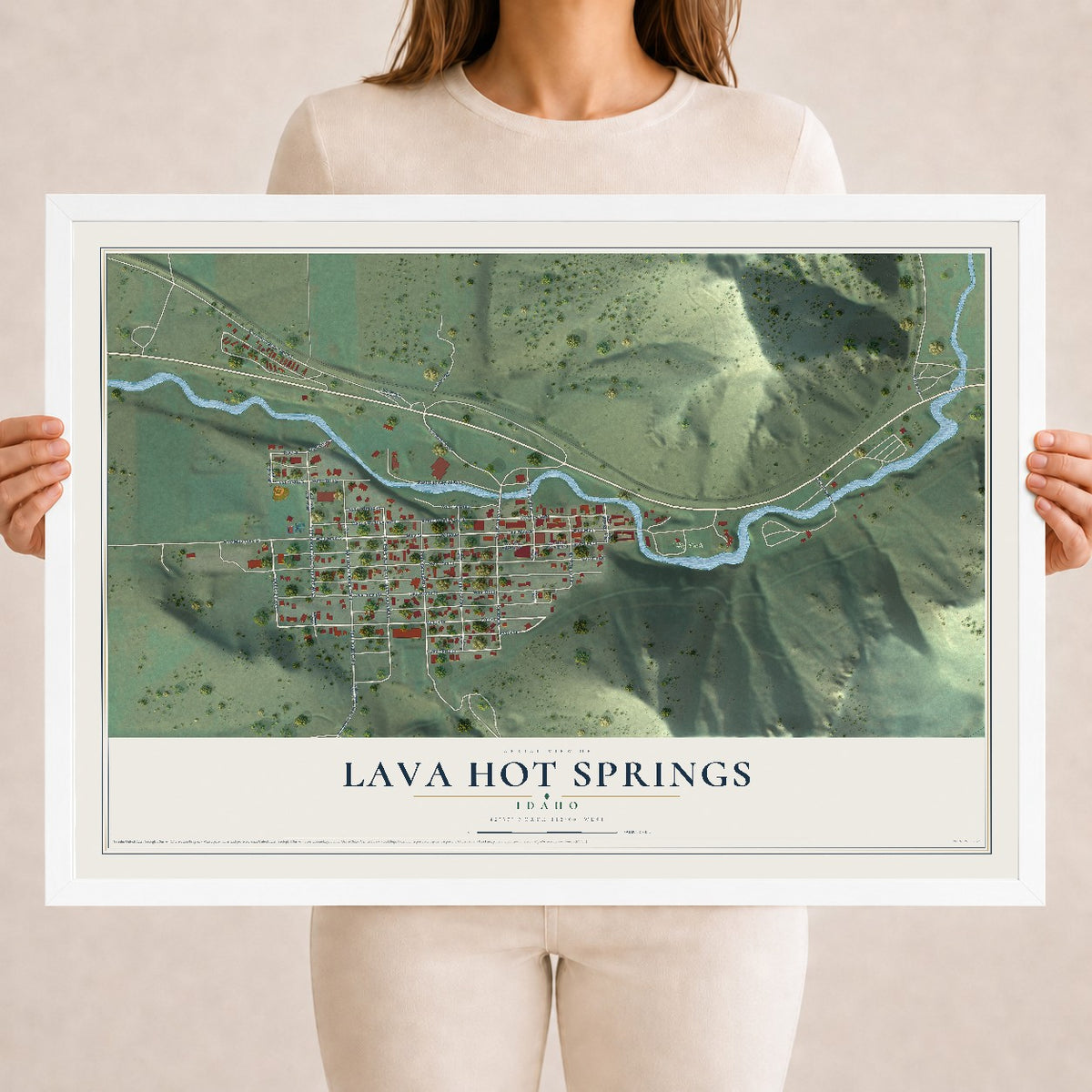 Map of Lava Hot Springs, Idaho, 18 x 24 inch print in a white wood frame