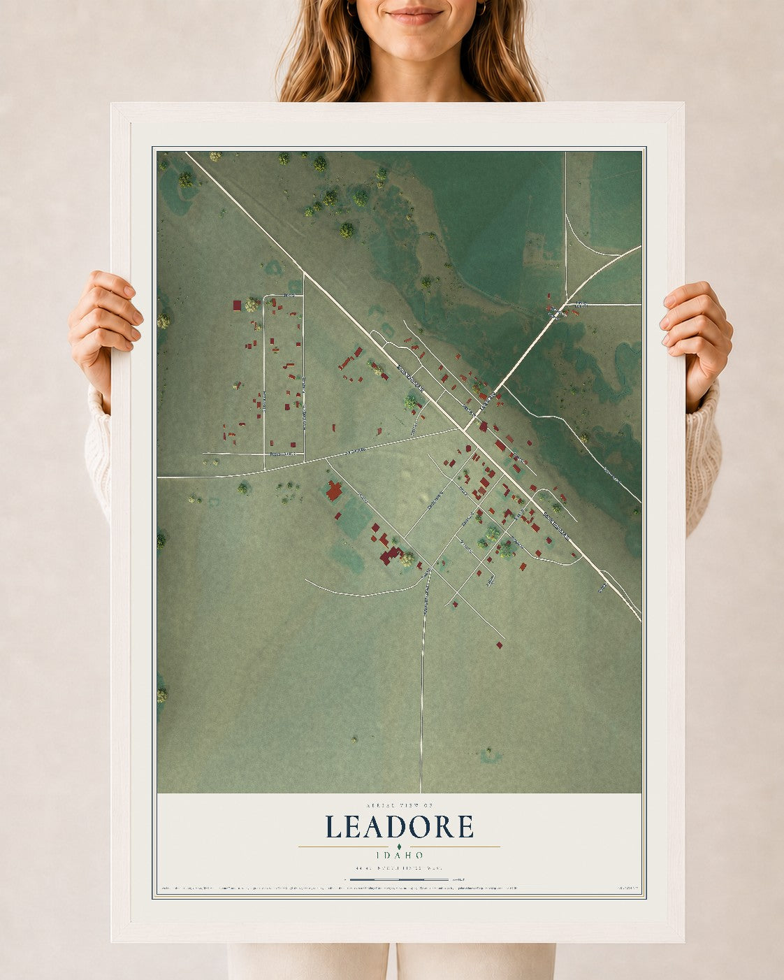 Map of Leadore, Idaho, 24 x 36 inch print in a white wood frame