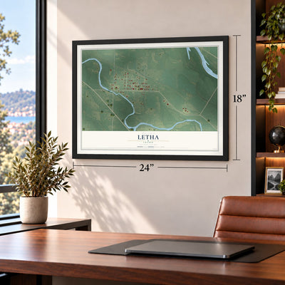 Letha, Idaho map, 18 x 24 inch print in a black frame in a home office