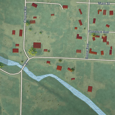 Close-up of the map of Letha, Idaho print showing street and building detail