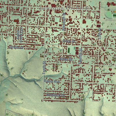 Close-up of the map of Lewiston, Idaho print showing street and building detail