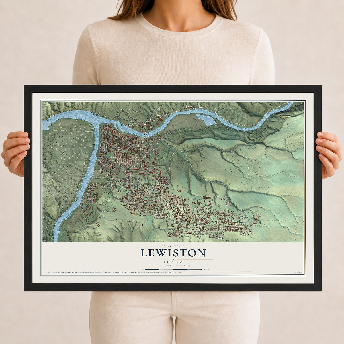 Map of Lewiston, Idaho, 12 x 18 inch print in a black wood frame