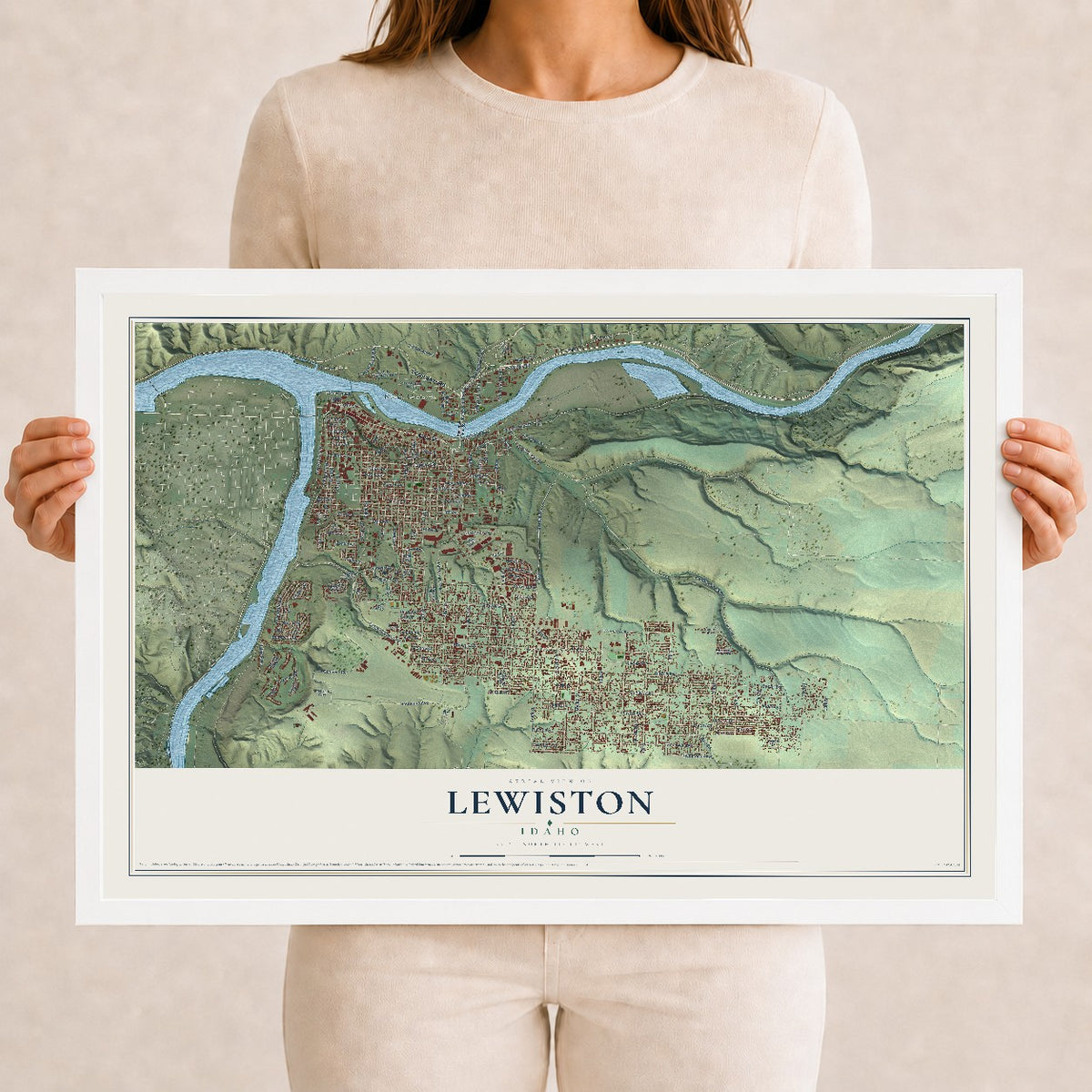 Map of Lewiston, Idaho, 12 x 18 inch print in a white wood frame