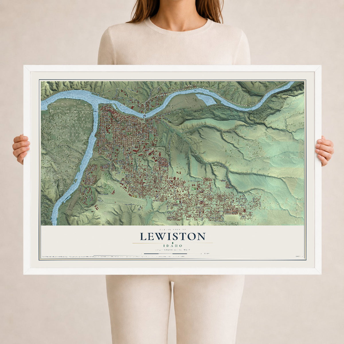 Map of Lewiston, Idaho, 24 x 36 inch print in a white wood frame