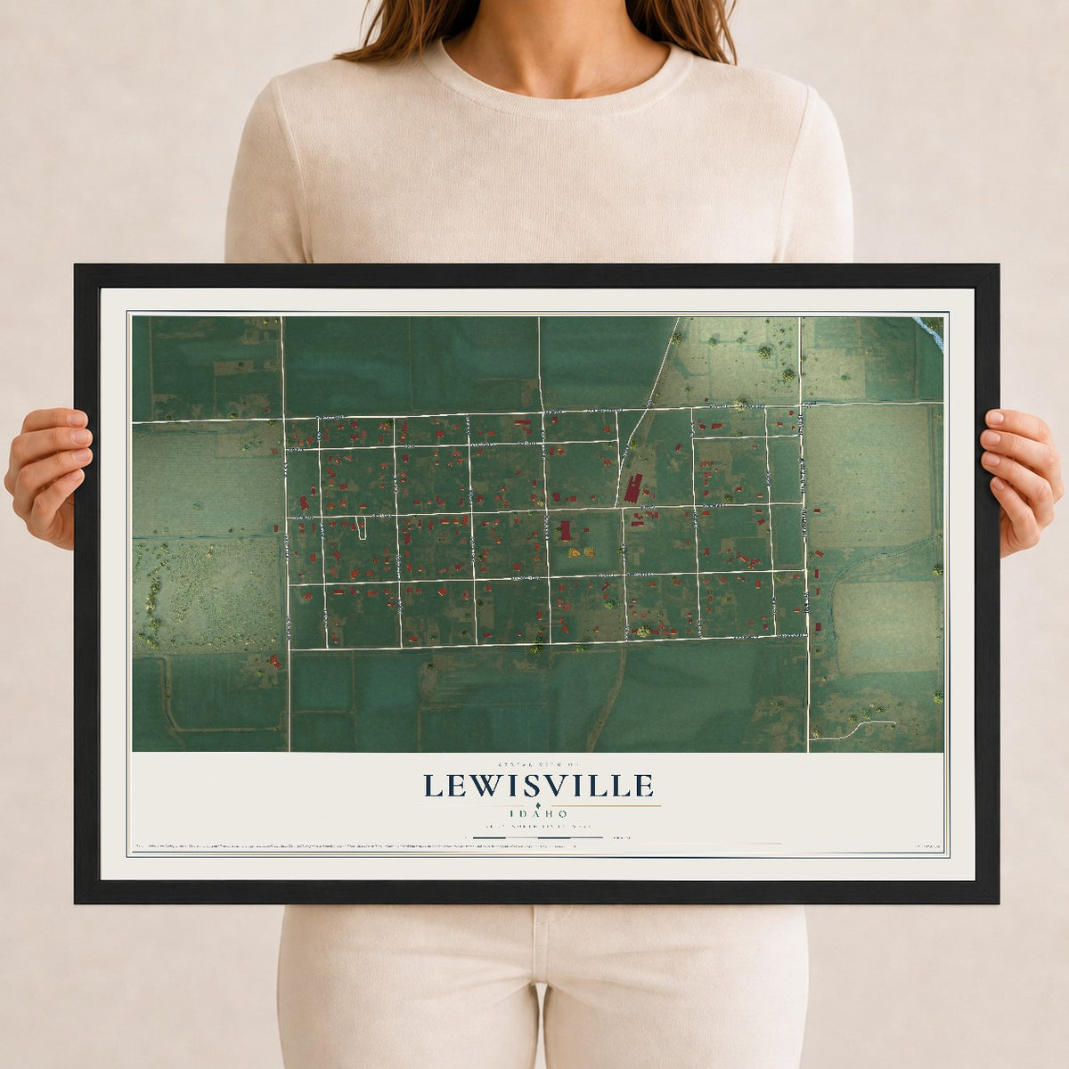Map of Lewisville, Idaho, 12 x 18 inch print in a black wood frame