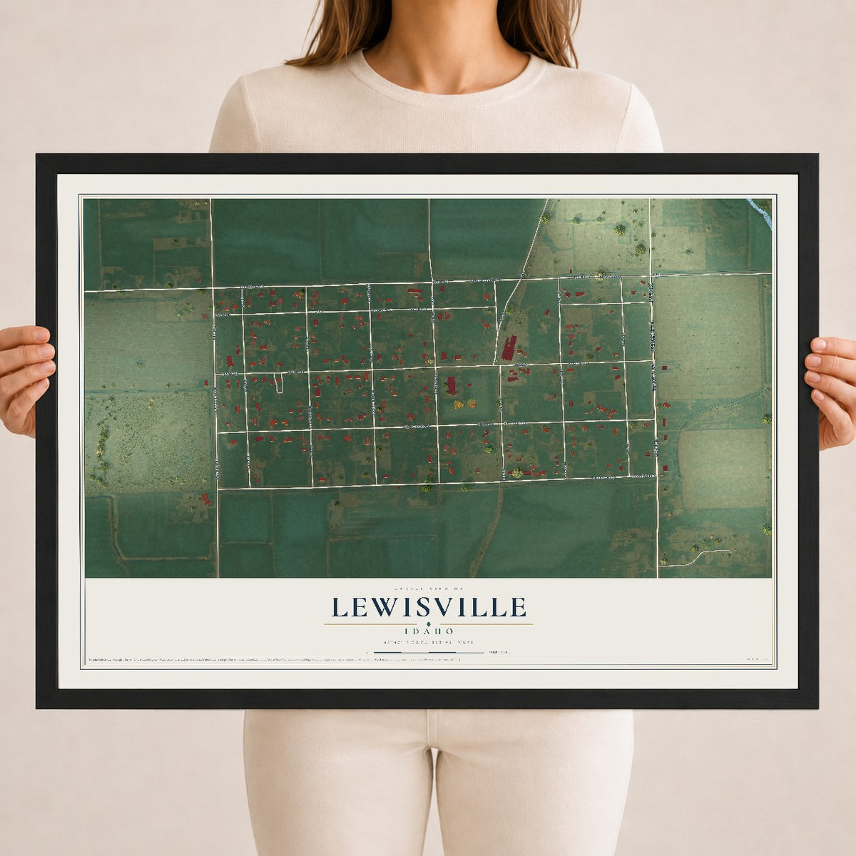 Map of Lewisville, Idaho, 18 x 24 inch print in a black wood frame
