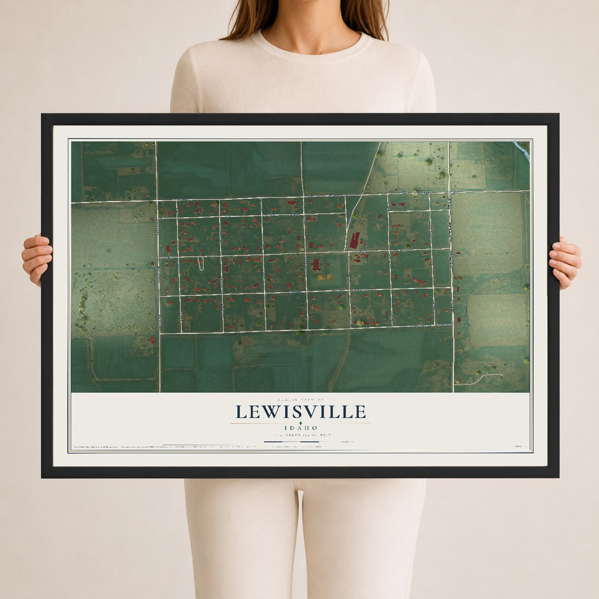 Map of Lewisville, Idaho, 24 x 36 inch print in a black wood frame