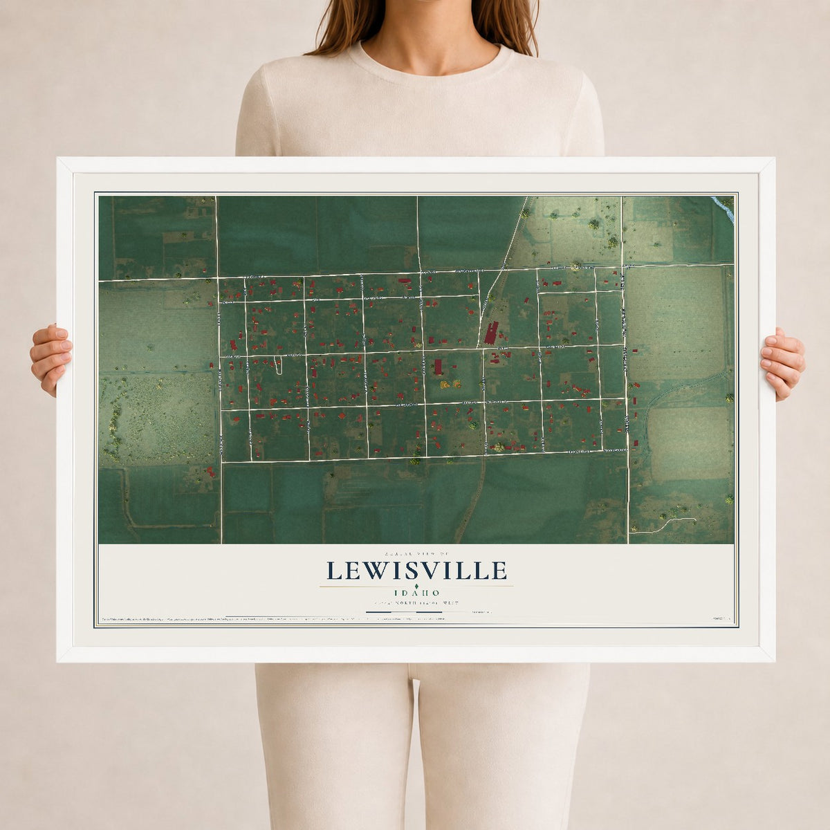 Map of Lewisville, Idaho, 24 x 36 inch print in a white wood frame