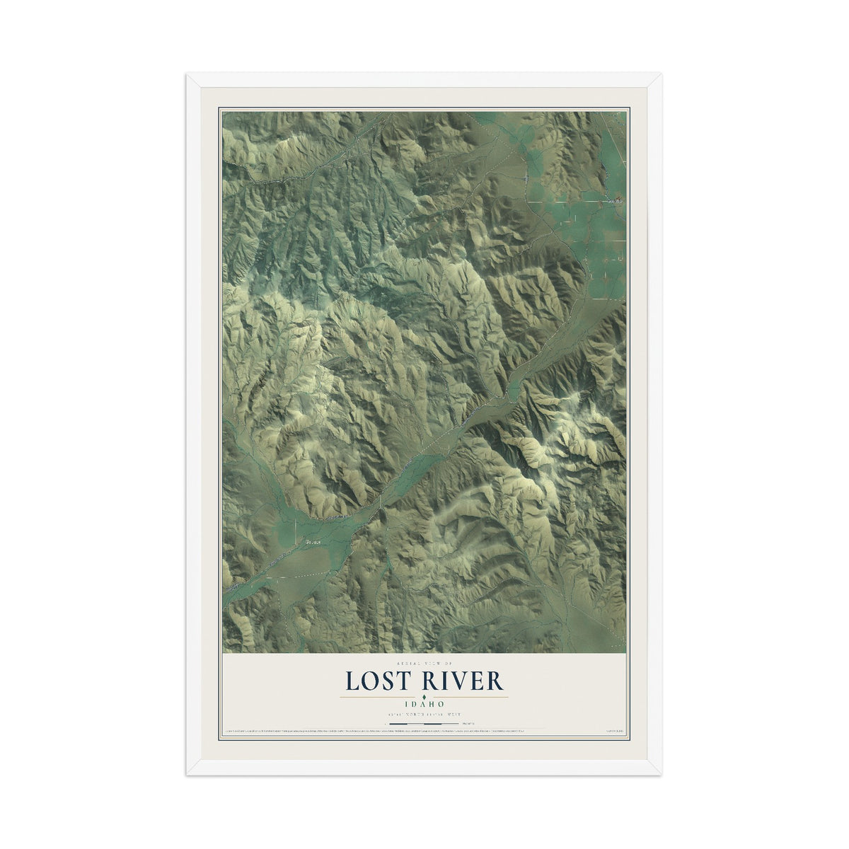 Map of Lost River, Idaho, 12 x 18 inch print in a white wood frame