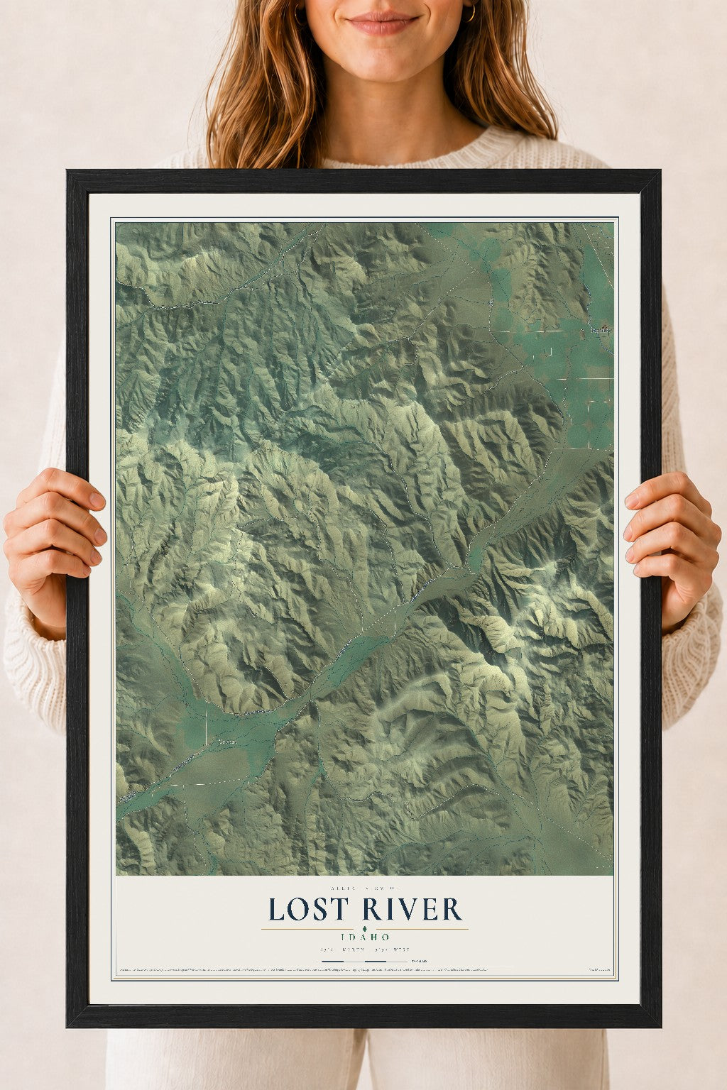 Map of Lost River, Idaho, 18 x 24 inch print in a black wood frame