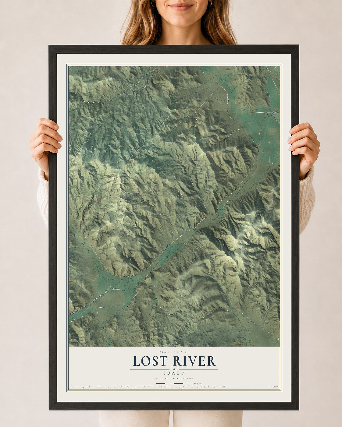 Map of Lost River, Idaho, 24 x 36 inch print in a black wood frame