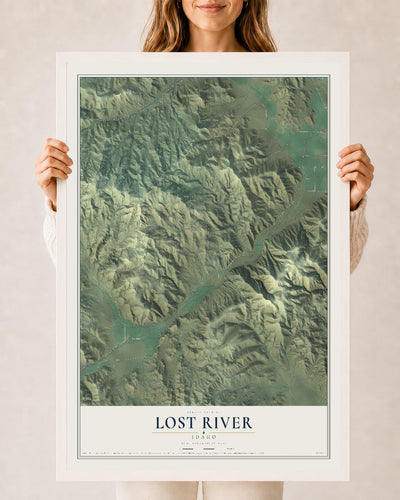 Map of Lost River, Idaho, 24 x 36 inch print in a white wood frame