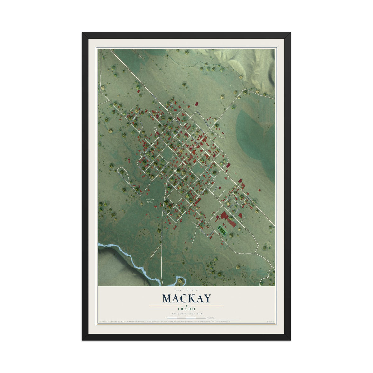 Map of Mackay, Idaho, 12 x 18 inch print in a black wood frame