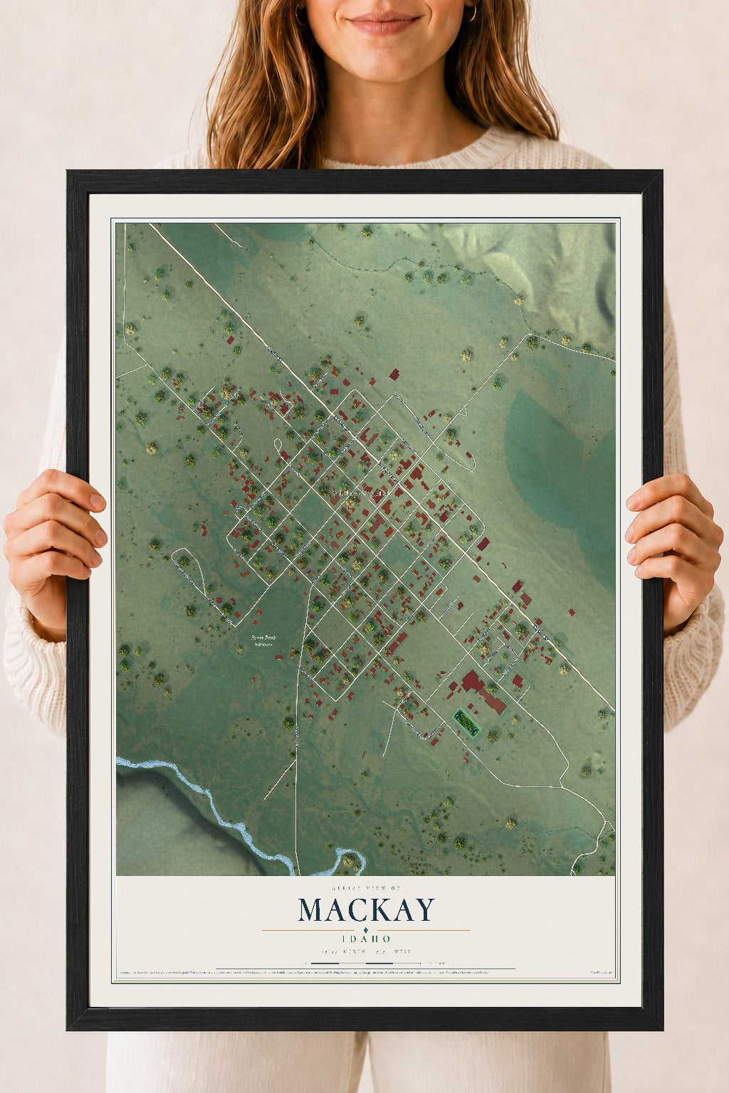 Map of Mackay, Idaho, 18 x 24 inch print in a black wood frame