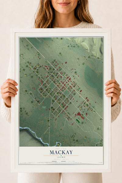 Map of Mackay, Idaho, 18 x 24 inch print in a white wood frame
