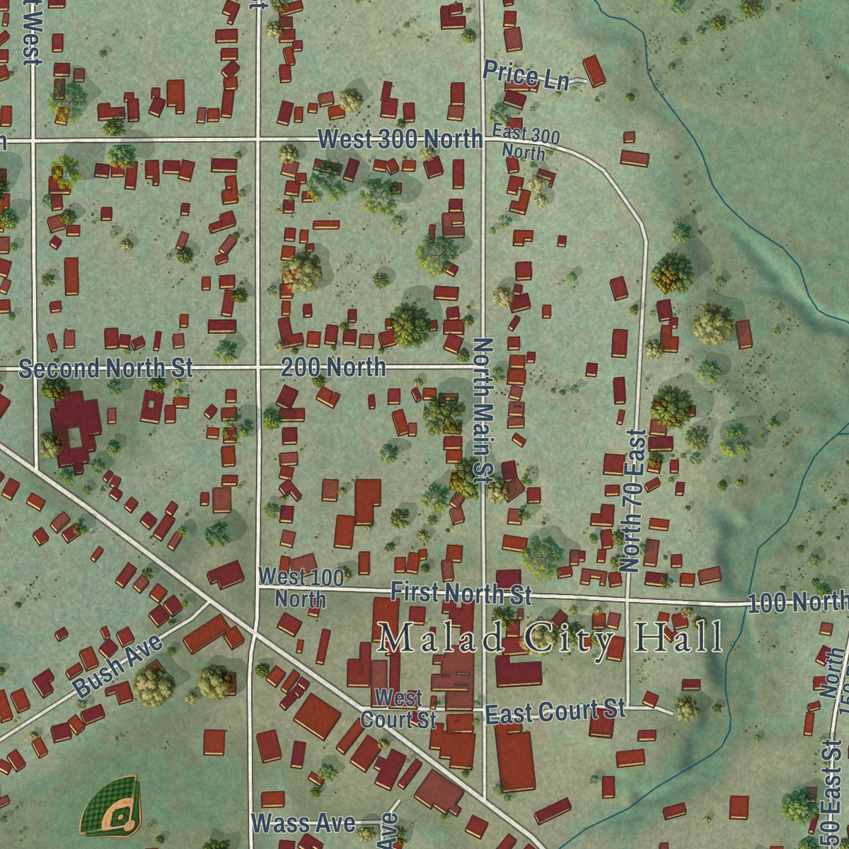 Second close-up of the map of Malad City, Idaho print showing more streets and buildings