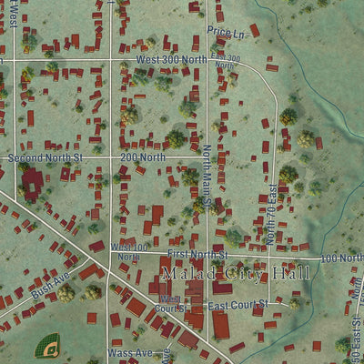 Second close-up of the map of Malad City, Idaho print showing more streets and buildings