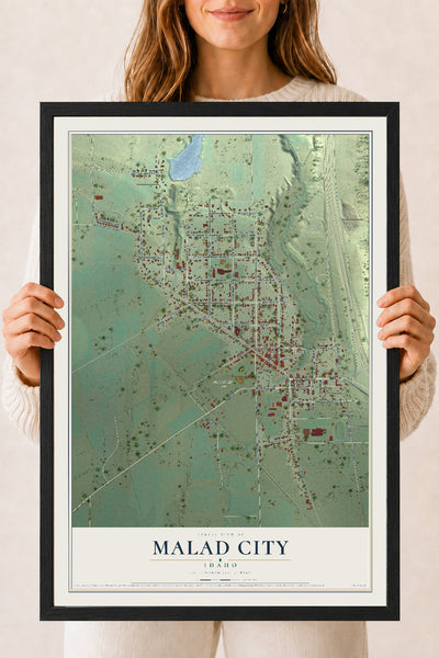 Map of Malad City, Idaho, 18 x 24 inch print in a black wood frame