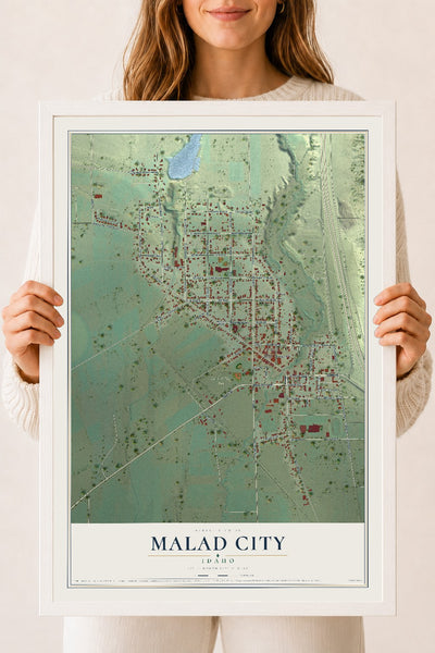 Map of Malad City, Idaho, 18 x 24 inch print in a white wood frame