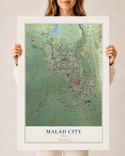 Map of Malad City, Idaho, 24 x 36 inch print in a white wood frame